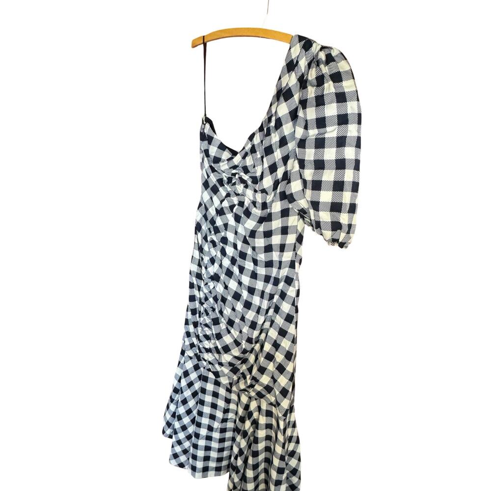 JONATHAN SIMKHAI Lux Twill One Sleeve Dress Midnight Blue Gingham Size 8 Preppy - Picture 8 of 14
